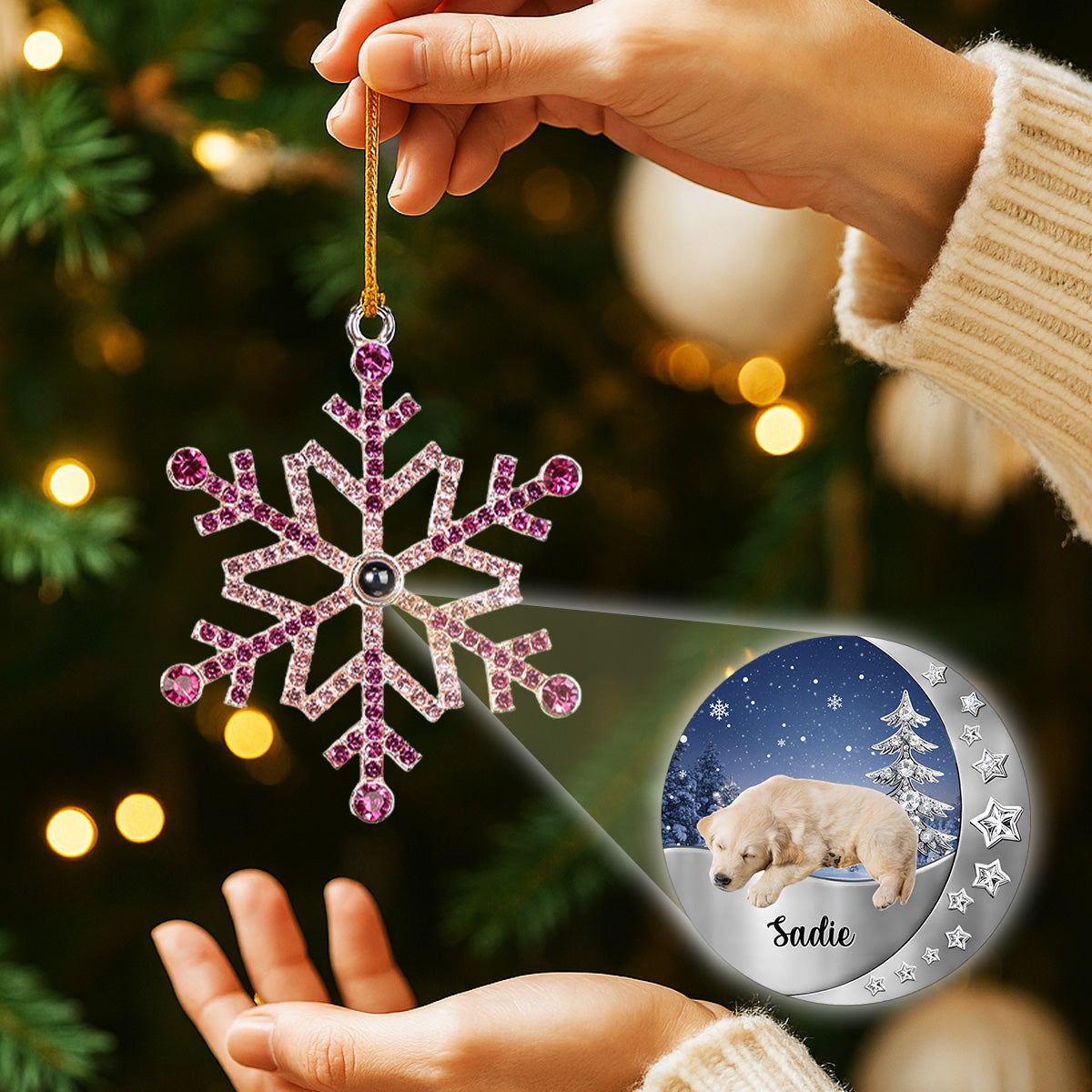 Photo Projection Ornament Crystal Snowflake, Pet Photo Keepsake with Snowy Night Scene, unique gift for pet parents