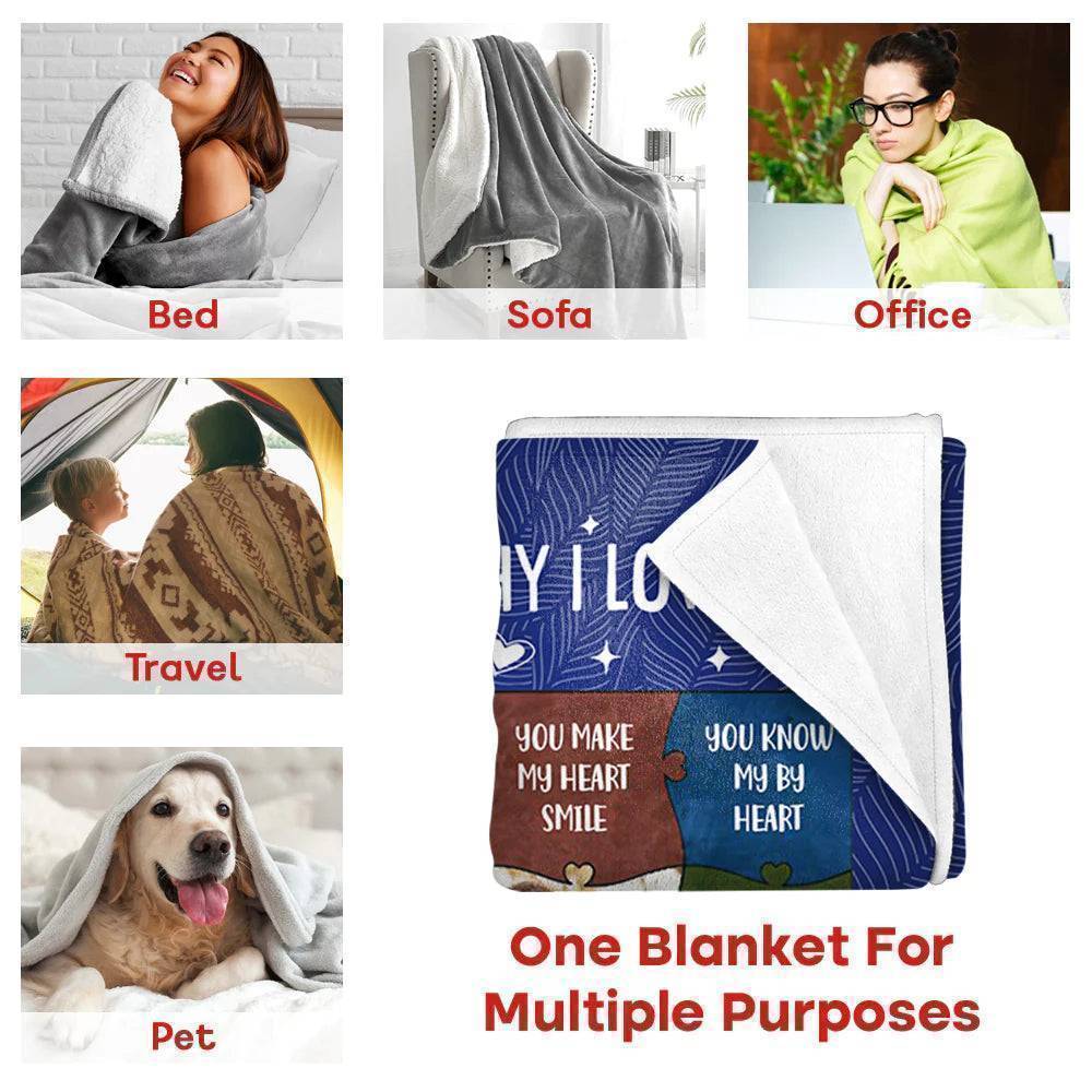Personalized Custom Blanket - 12 Reasons Why I Love You - Gift For Spouse, Husband, Wife, Couple