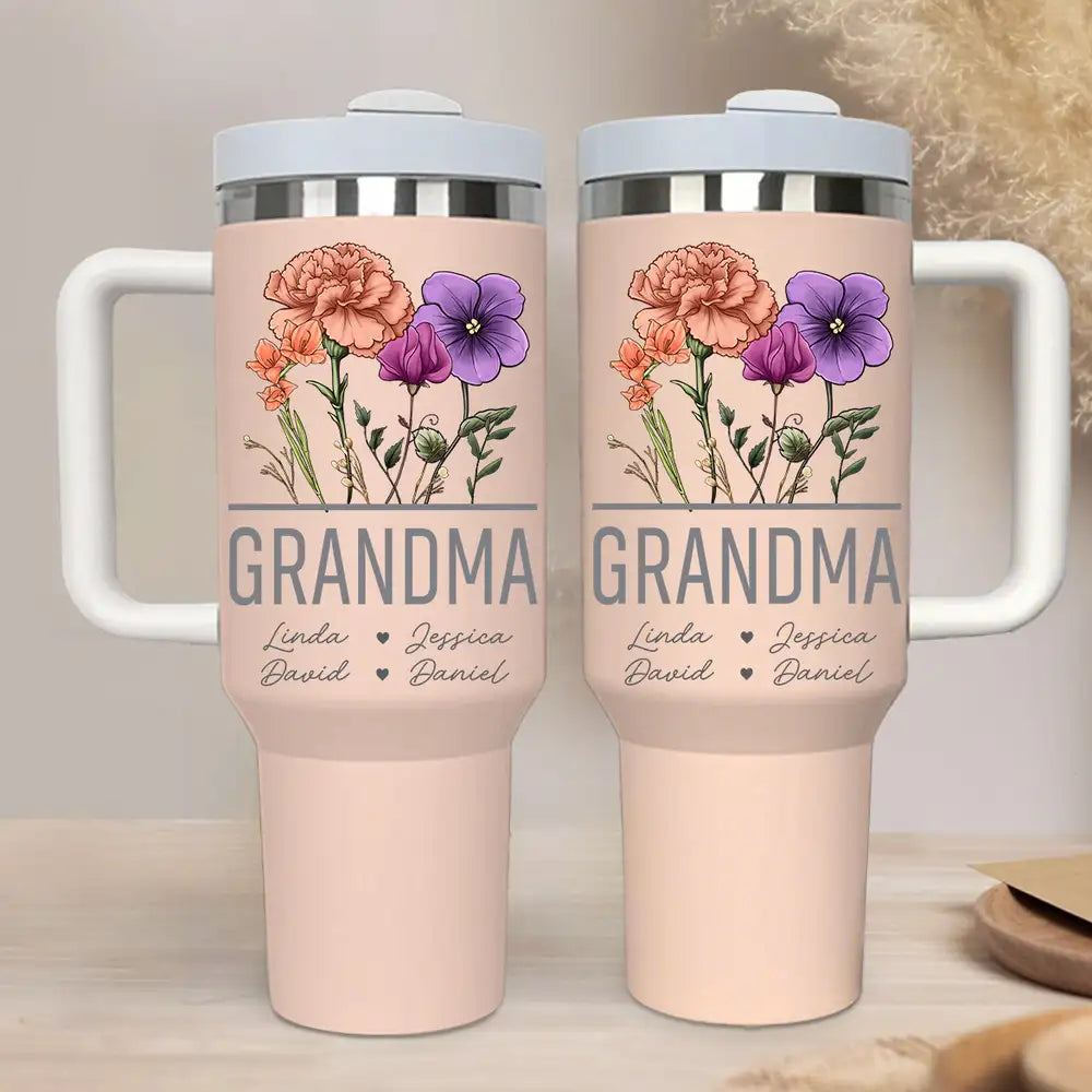 Floral 40oz Tumbler with Handle – Custom Gift for Nana, Perfect for Mother’s Day