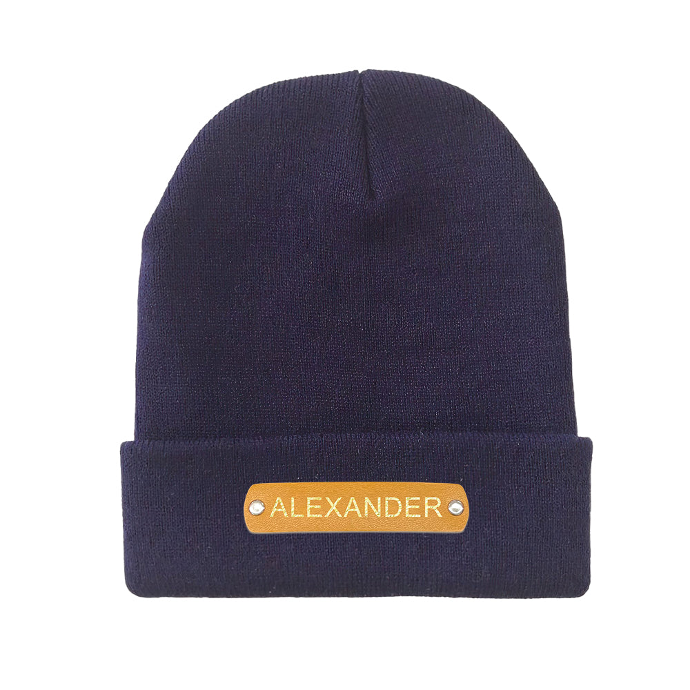 Custom Name Leather Patch Beanie - Personalized Beanie Hat