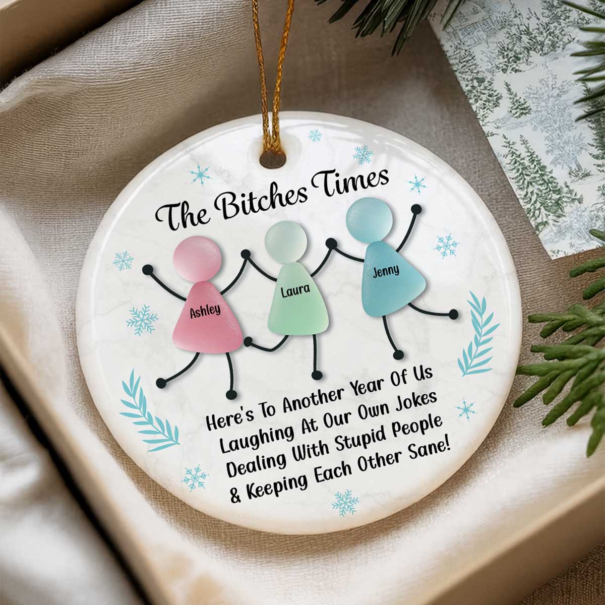 Personalized Sea Glass Best Friends Ornament, Funny Christmas Gift for Women, Custom Names, Snowflake Design, Holiday Keepsake