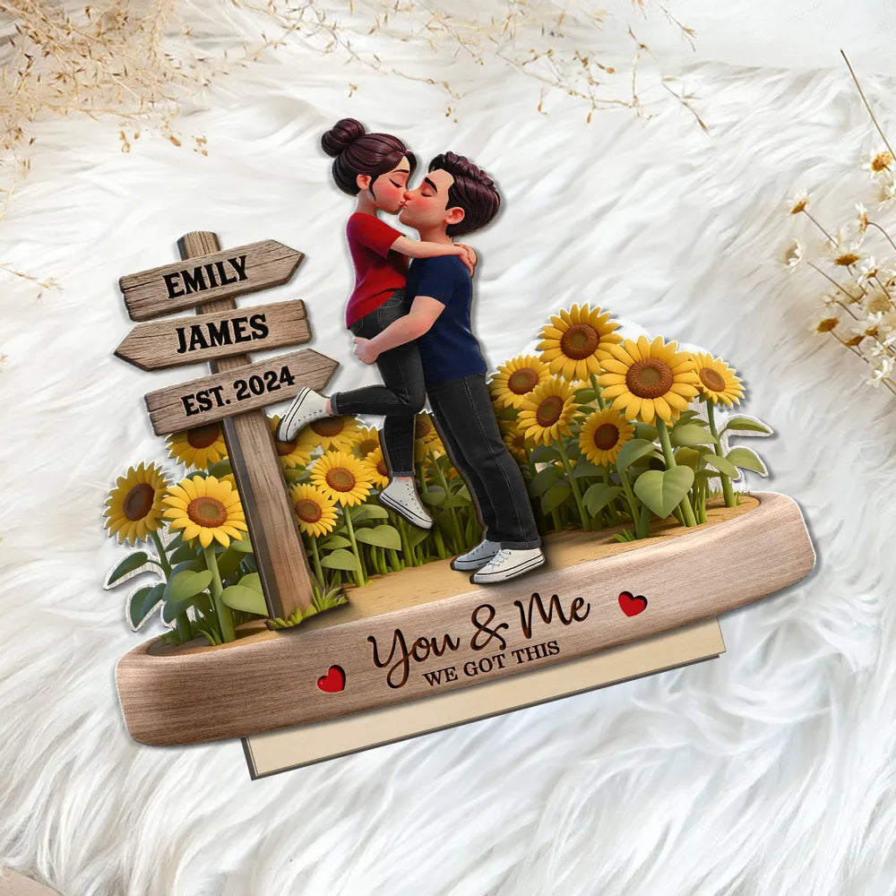 Personalized 2-Layer Wooden Plaque Couple Hugging Kiss in Sunflowers You & Me We Got This Unique Gift for Wife or Husband