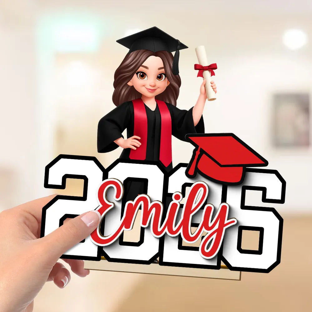 Custom Graduation 2-Layer Wooden Plaque With Cartoon Graduate and Year Sign, Heartfelt Gift For Student Family