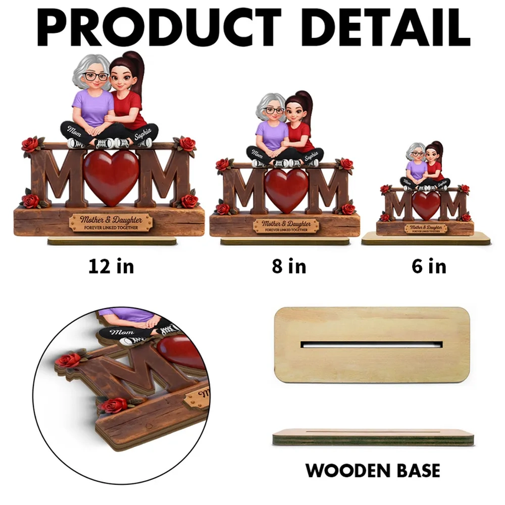 Personalized 2-Layer Wooden Plaque Mother & Daughter Forever Linked Together, MOM Heart Roses, Unique Gift for Mom