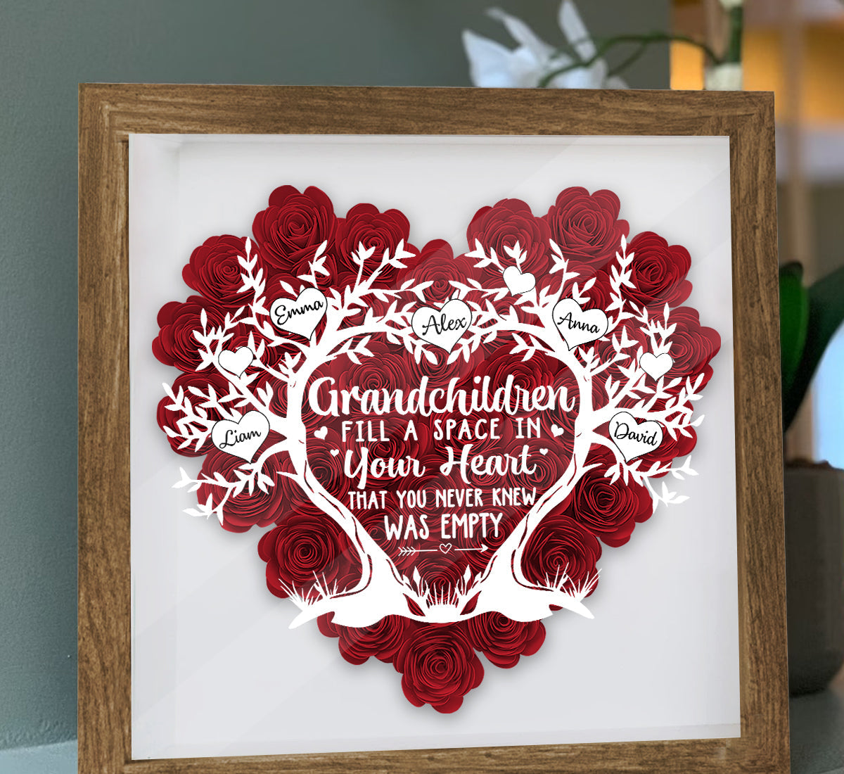 Grandchildren Fill A Space In Your Heart - Personalized Grandma Flower Shadow Box