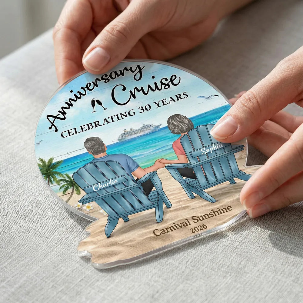 Personalized Anniversary Cruise Acrylic Magnet, Couple Holding Hands Beach Back View, Unique Gift for Husband & Wife