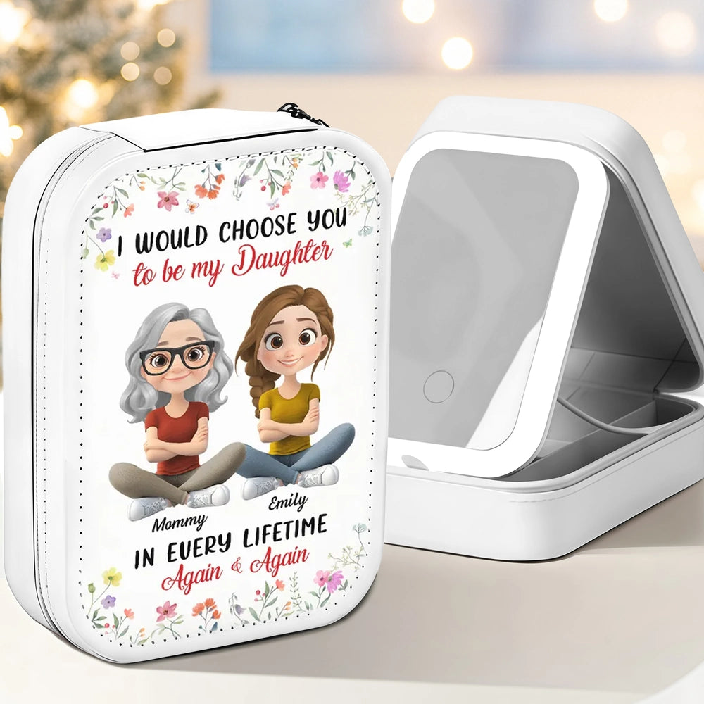 Custom LED Makeup Case with Cartoon Mother and Daughter, Sentimental Travel Makeup Case, Heartfelt Personalized Gift