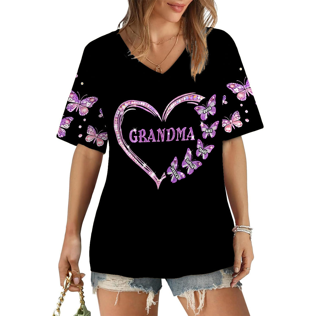 Custom Bling Shirt For Grandma/ Mother - Personalized Grandma Fully Printed V-Neck T-Shirt