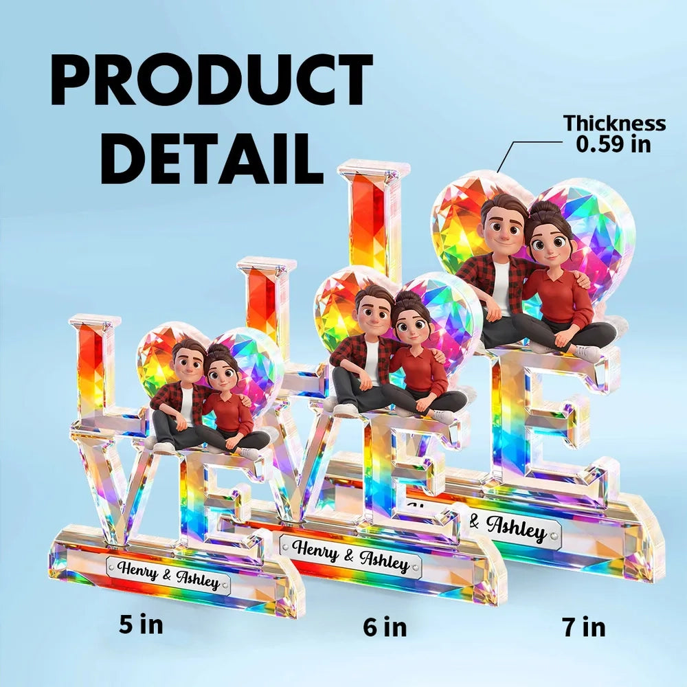Personalized LOVE Shaped Acrylic Block Plaque With Cozy Sitting Couple, Rainbow Crystal Look Decor, Unique Gift For Her Or Him