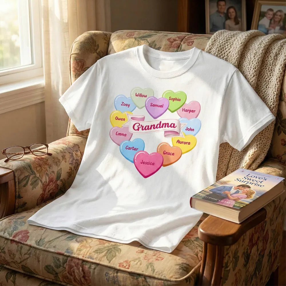 Personalized Grandma Classic Tee, Candy Heart Names Design for Valentine's Day, Unique Gift for Grandma