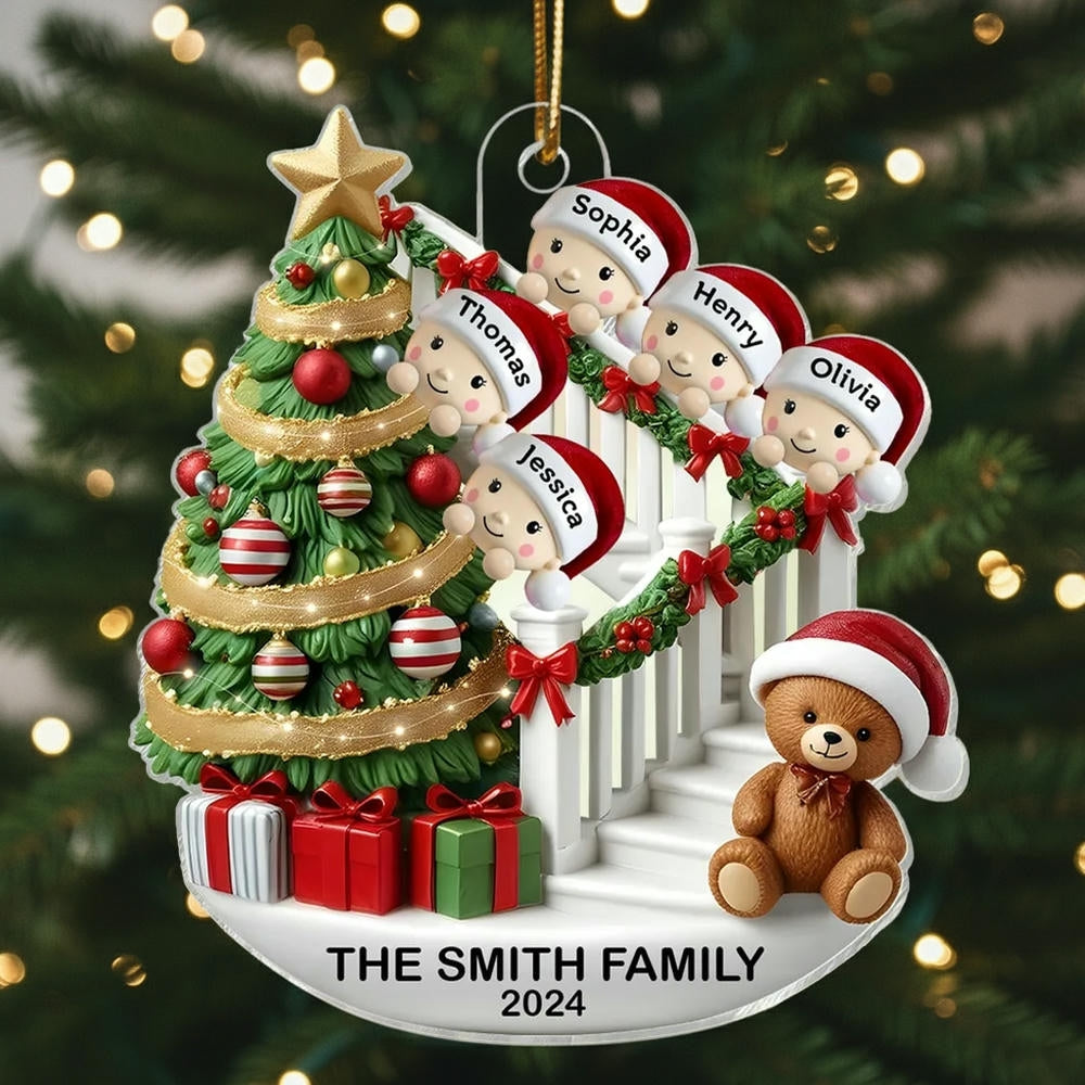 Acrylic Ornament Custom Family Staircase Scene, Santa Hats & Gifts, Cute Festive Decor, a Creative Gift for the Whole Family