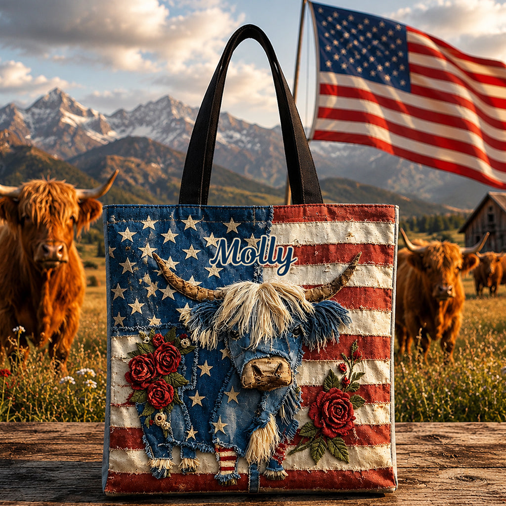 Highland Cow With Flag Pattern - Personalized Highland Cow Tote Bag