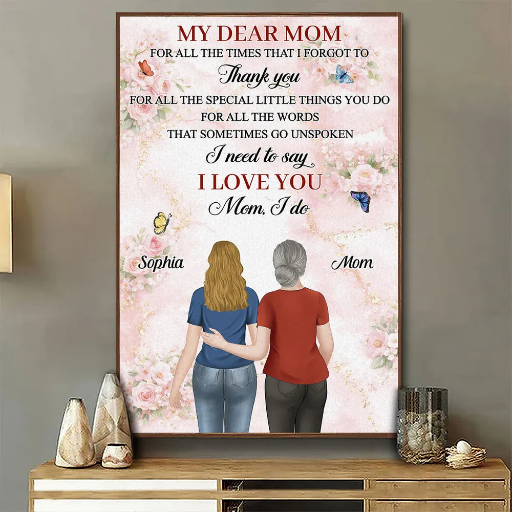 My Dear Mom Personalized Poster, Mother Daughter Hug Illustration, Soft Floral Wall Decor, Heartwarming Gift for Mom