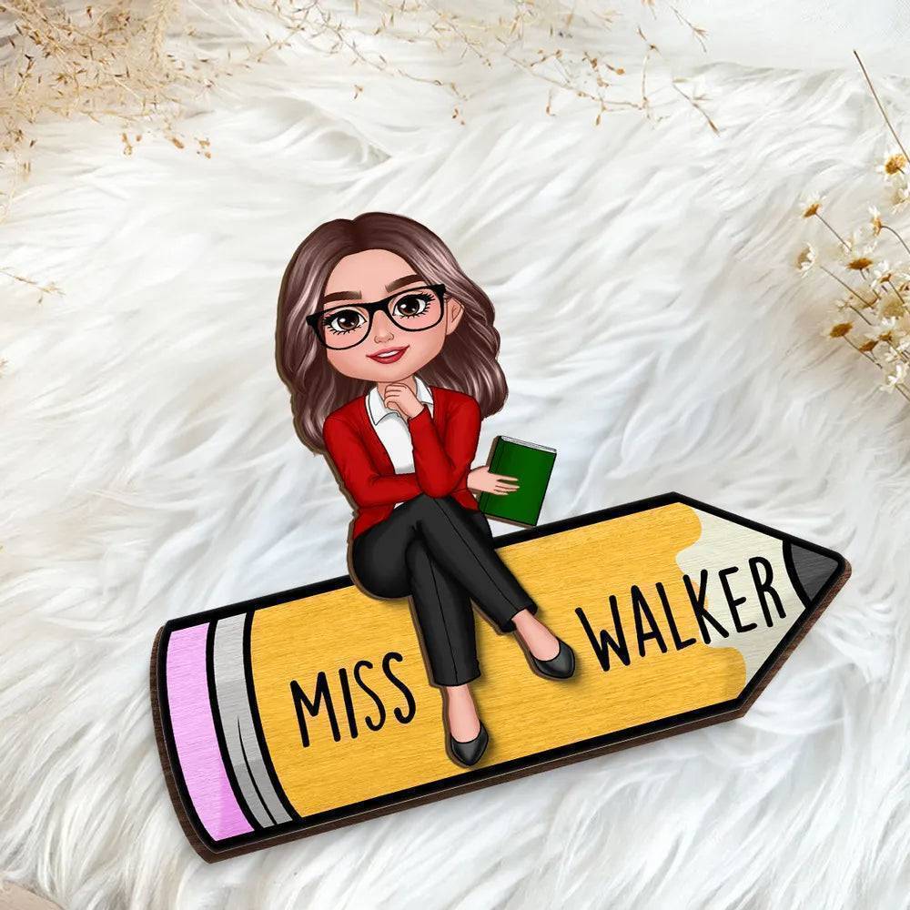 Doll Teacher Sitting On Pencil Personalized Wooden & Acrylic Plaque/Keychain - Back To School Gift For Teacher, Office Decor