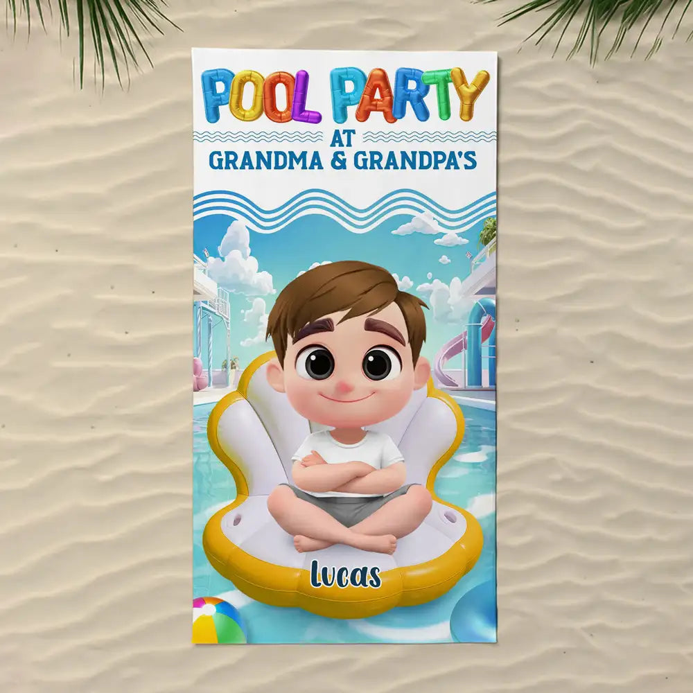 Pool Party at Grandma & Grandpa’s Personalized Beach Towel – Cute Summer Gift for Kids and Grandkids