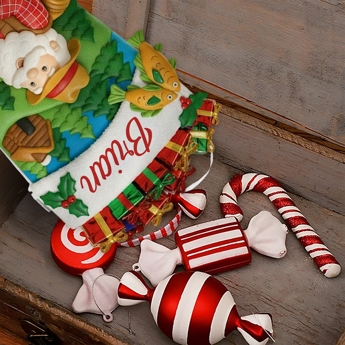 Christmas Santa Fishing - Personalized Fishing Shaped Christmas Stocking