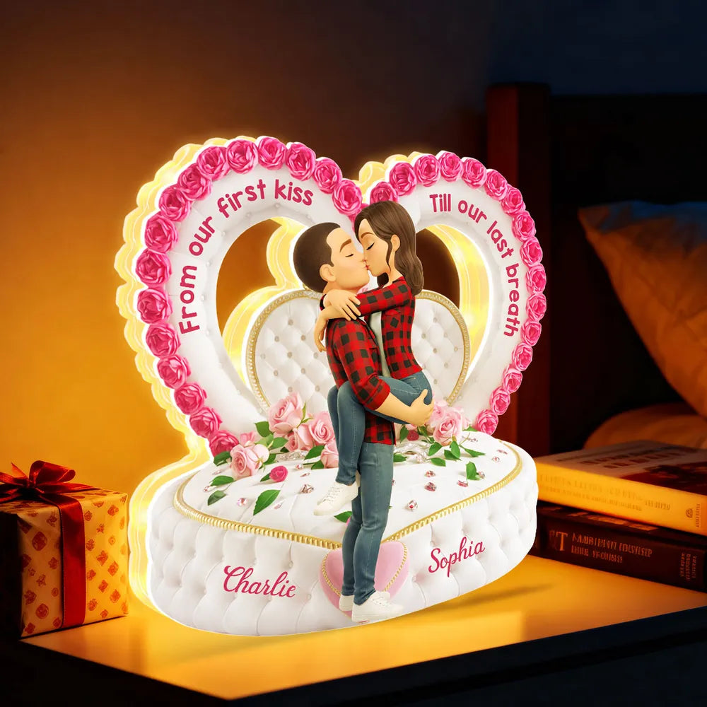Personalized Acrylic Light Box Romantic Heart Couple Kissing with Roses Bedroom Decor Unique Gift for Her or Him