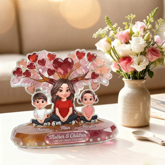 Personalized Shaped Acrylic Block Plaque Mom With Kids Under Heart Tree - Unique Mother's Day Gift, Forever Linked Decor