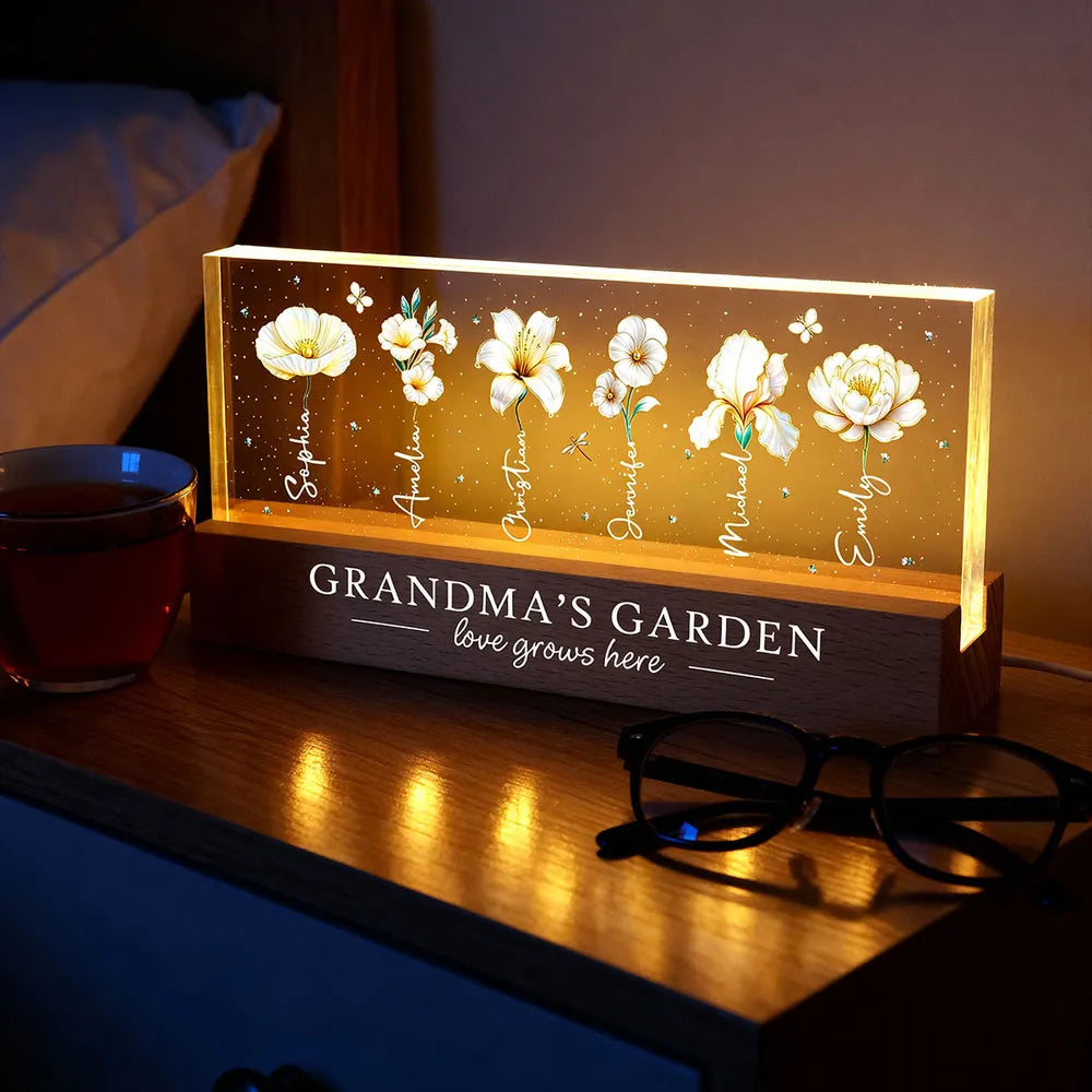 Grandma's Garden Block LED Light Plaque with Birth Month Flowers, Warm Glow Decor, Personalized Unique Gift for Grandma