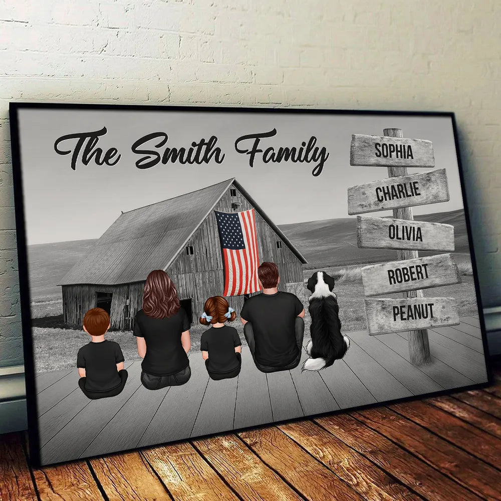 Names on Signpost Family Canvas – Sitting Together Poster with Barn Background – Gift For Family, Dad, Mom