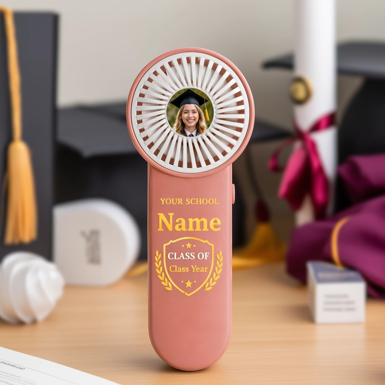 Custom School Pride Handheld Fan with Graduate Portrait - Thoughtful Keepsake Gift for Graduation Season