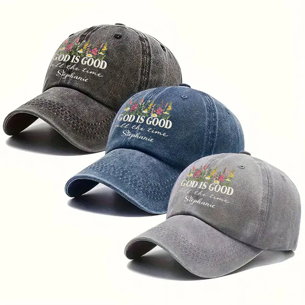 Washed Denim Baseball Cap with God Is Good All the Time Message - Personalized Vintage Look Cap, Meaningful Gift for Her