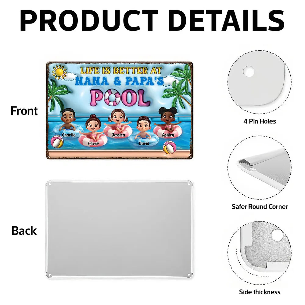 Life Is Better At Nana & Papa's Pool – Personalized Rectangular Iron Sign, Summer Poolside Gift For Grandparents
