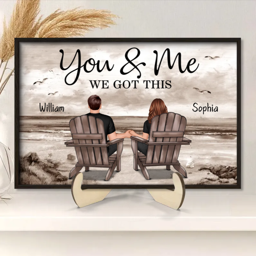 You & Me We Got This Custom Wooden Plaque with Seaside Couple Illustration, Romantic Wall Decor and Unique Anniversary Gift