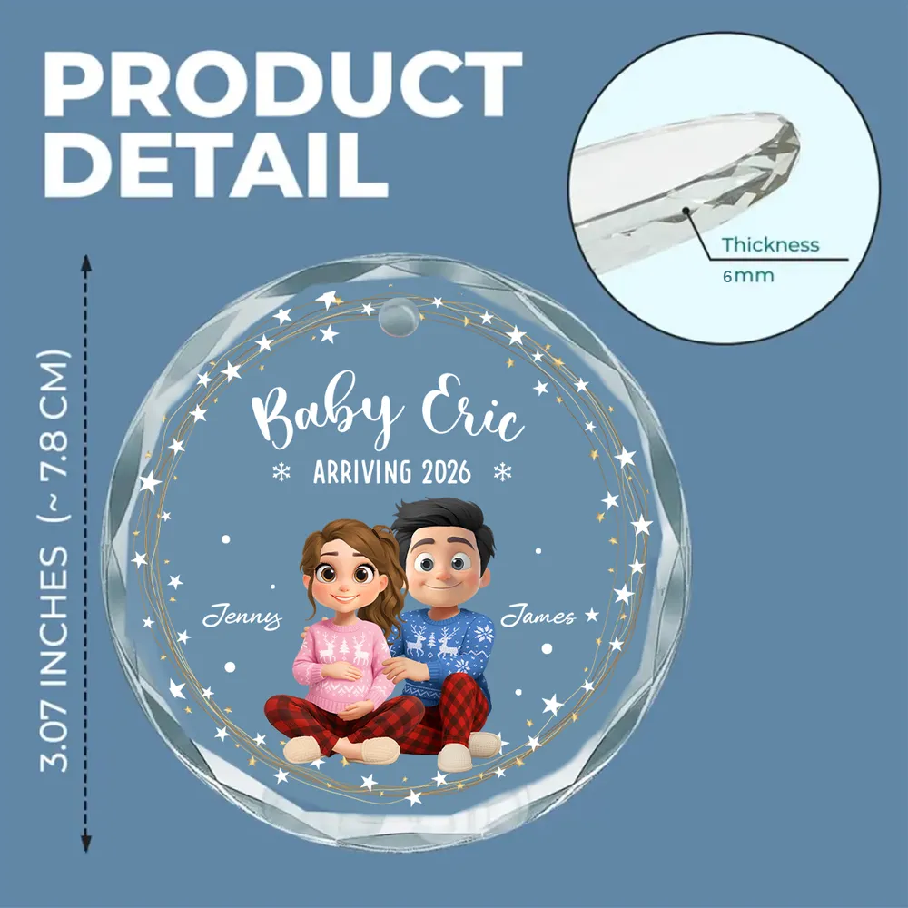 Crystal Ornament for Baby Announcement with cute couple illustration, heartwarming keepsake and perfect family gift