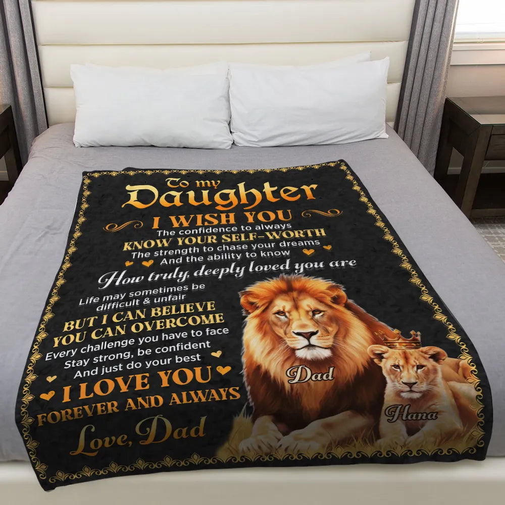 Fleece Blanket With To My Daughter Inspirational Quote and Lion Design, Personalized Unique Gift From Dad, Warm Decor