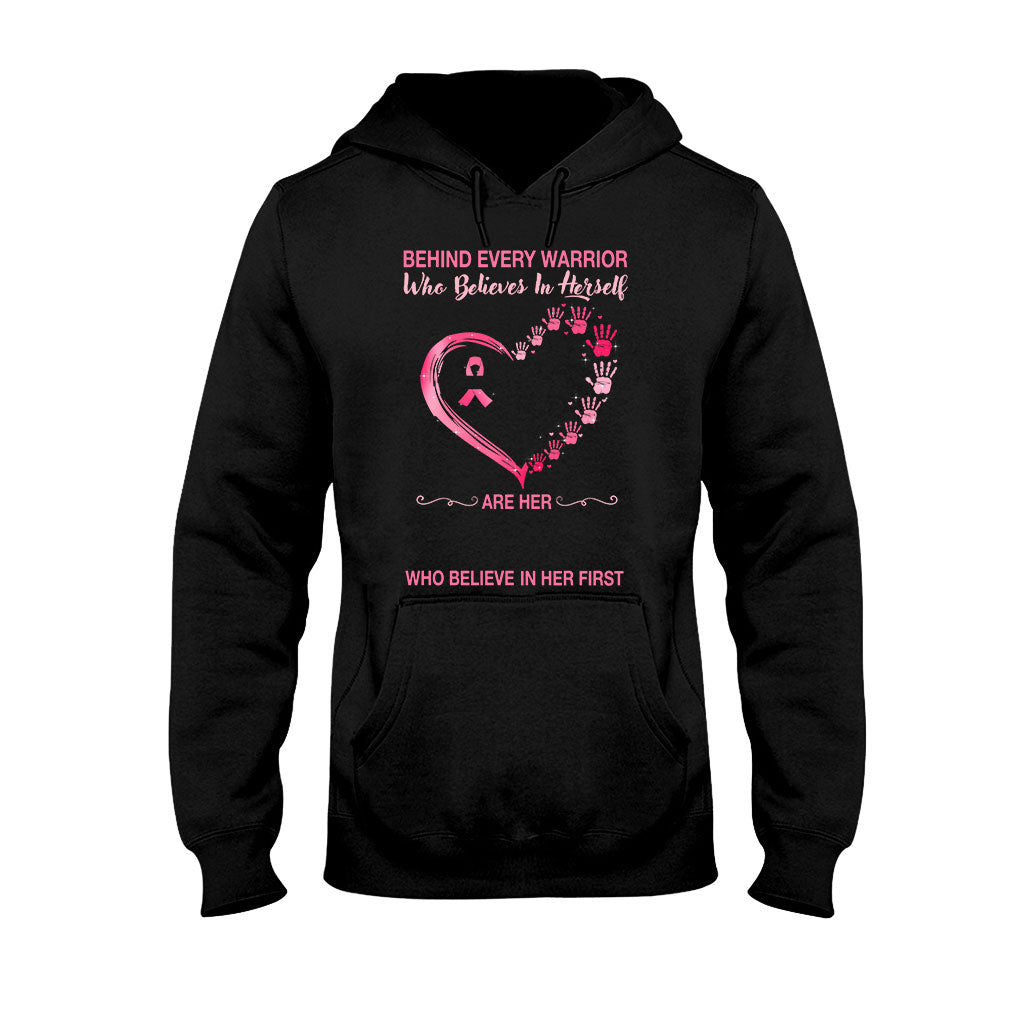 Behind Every Warrior Pink Heart Hand Prints - Breast Cancer Awareness Personalized T-shirt And Hoodie