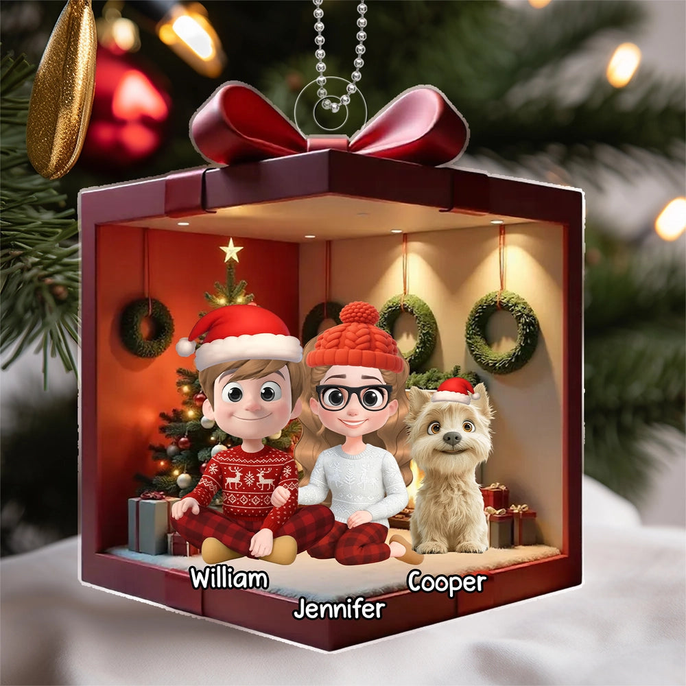 Festive Acrylic Ornament Featuring Family & Dog Under Christmas Tree – Ideal Holiday Gift