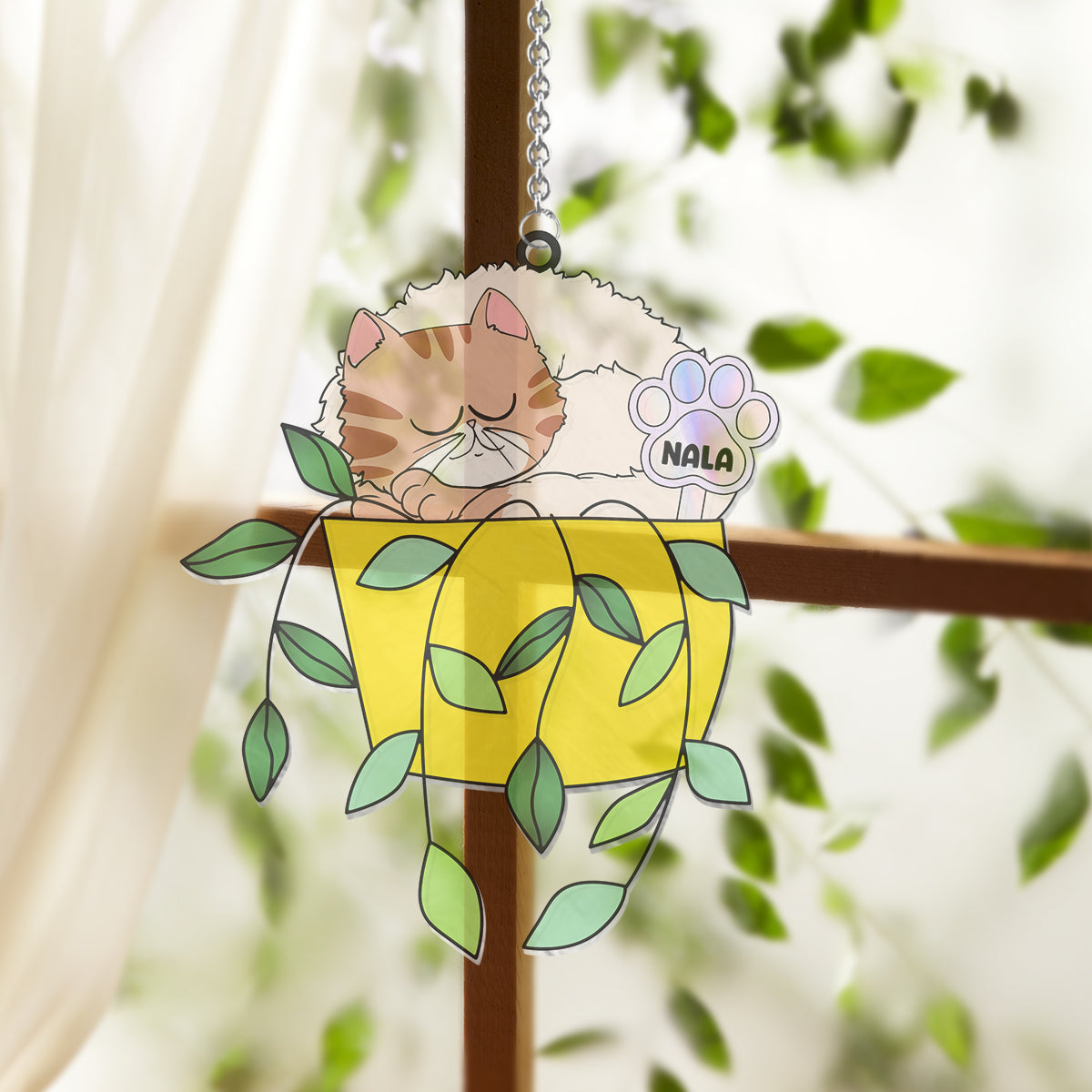 Chill Cat In A Flowerpot - Personalized Cat Window Hanging Suncatcher Ornament