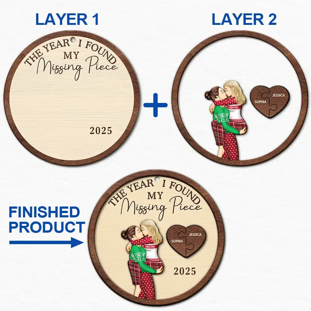 Personalized 2-Layer Wooden Ornament for Couples, Kissing Hug Design, Romantic Christmas Tree Keepsake, Unique Custom Gift