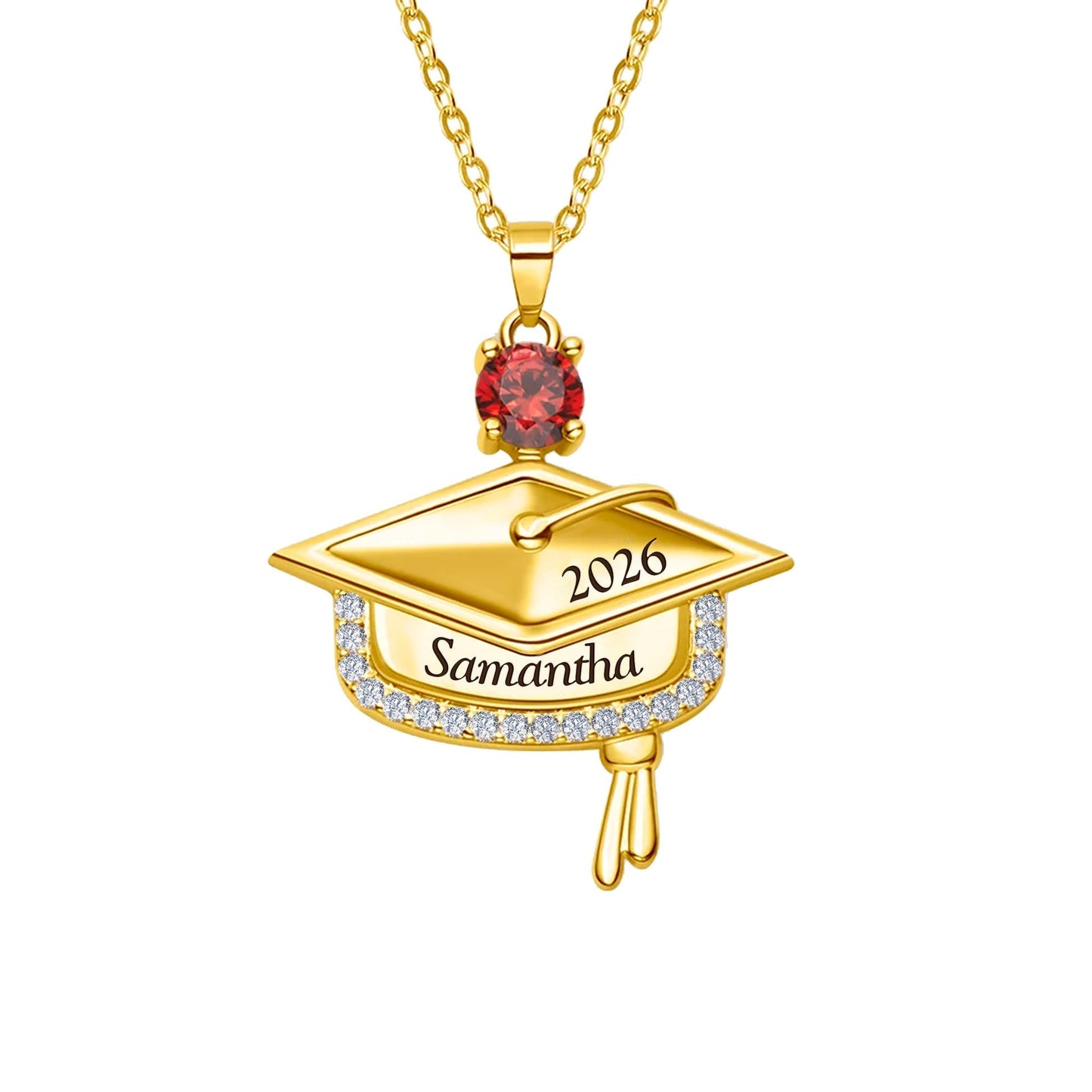 Graduation Cap Pendant Necklace, Personalized Name Charm With Birthstone - Meaningful Gift For Grads