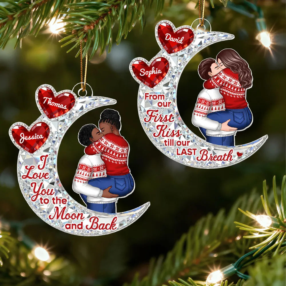 Custom Acrylic Ornament with Crescent Moon and Embracing Couple, Heartfelt From Our First Kiss Quote, Special Anniversary or Holiday Gift