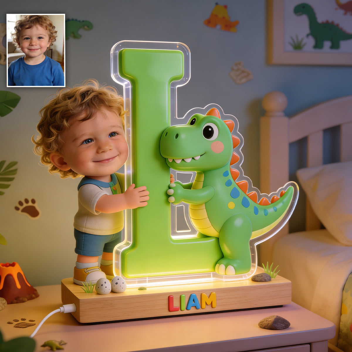 Dinosaur Alphabet Letter & Custom Photo - - Personalized Kid Shaped Led Night Light