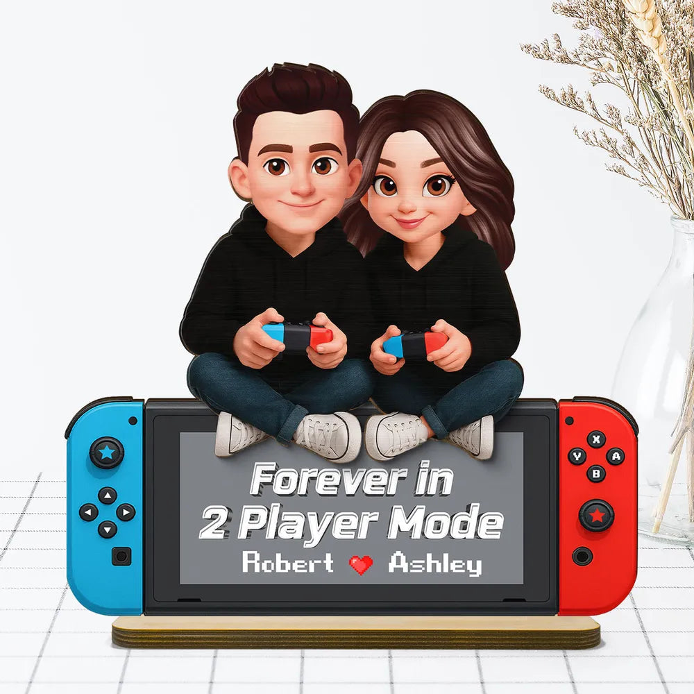 2-Layer Wooden Plaque Personalized Gaming Couple Sitting with Controllers - Forever in 2 Player Mode Romantic Gift for Gamers