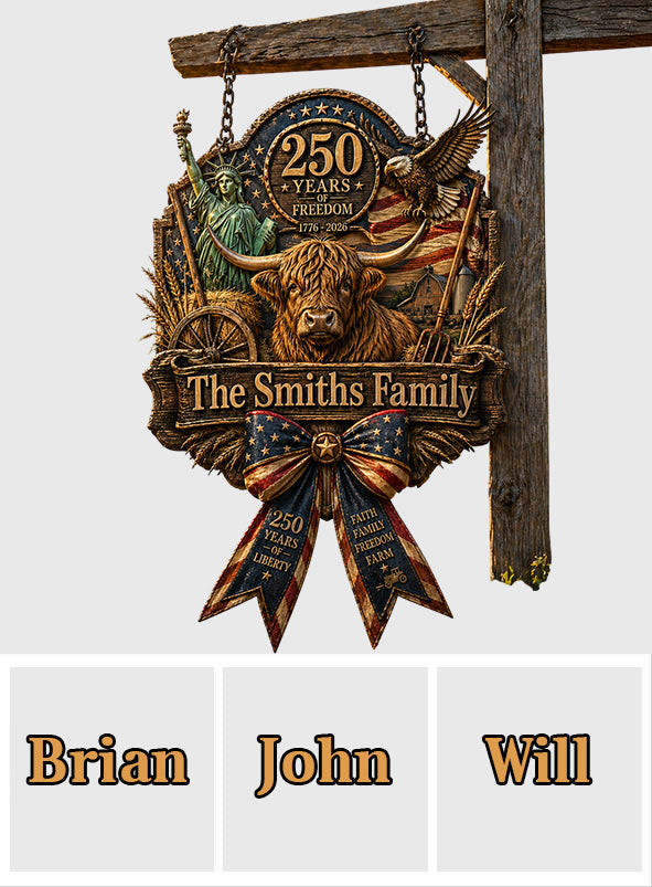 Celebrate 250th Anniversary, Highland Cow Lovers, Farmer Gift - Personalized Highland Cow Shaped Wood Sign With Sash