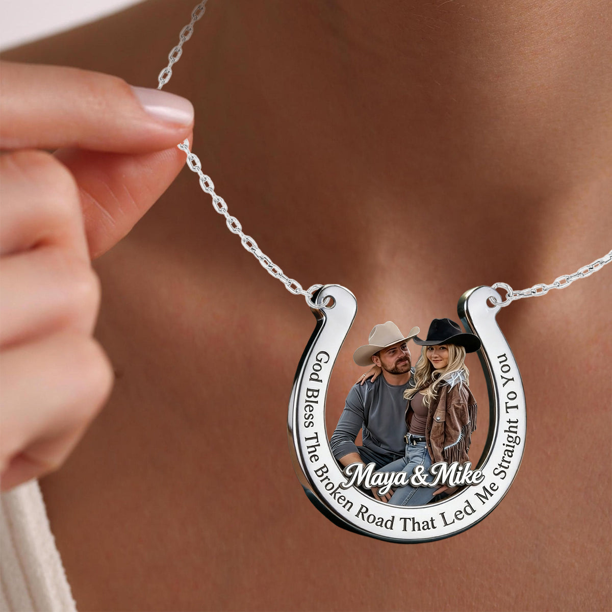 God Bless The Broken Road - Personalized Western Outfit Shaped Metal Pendant Necklace