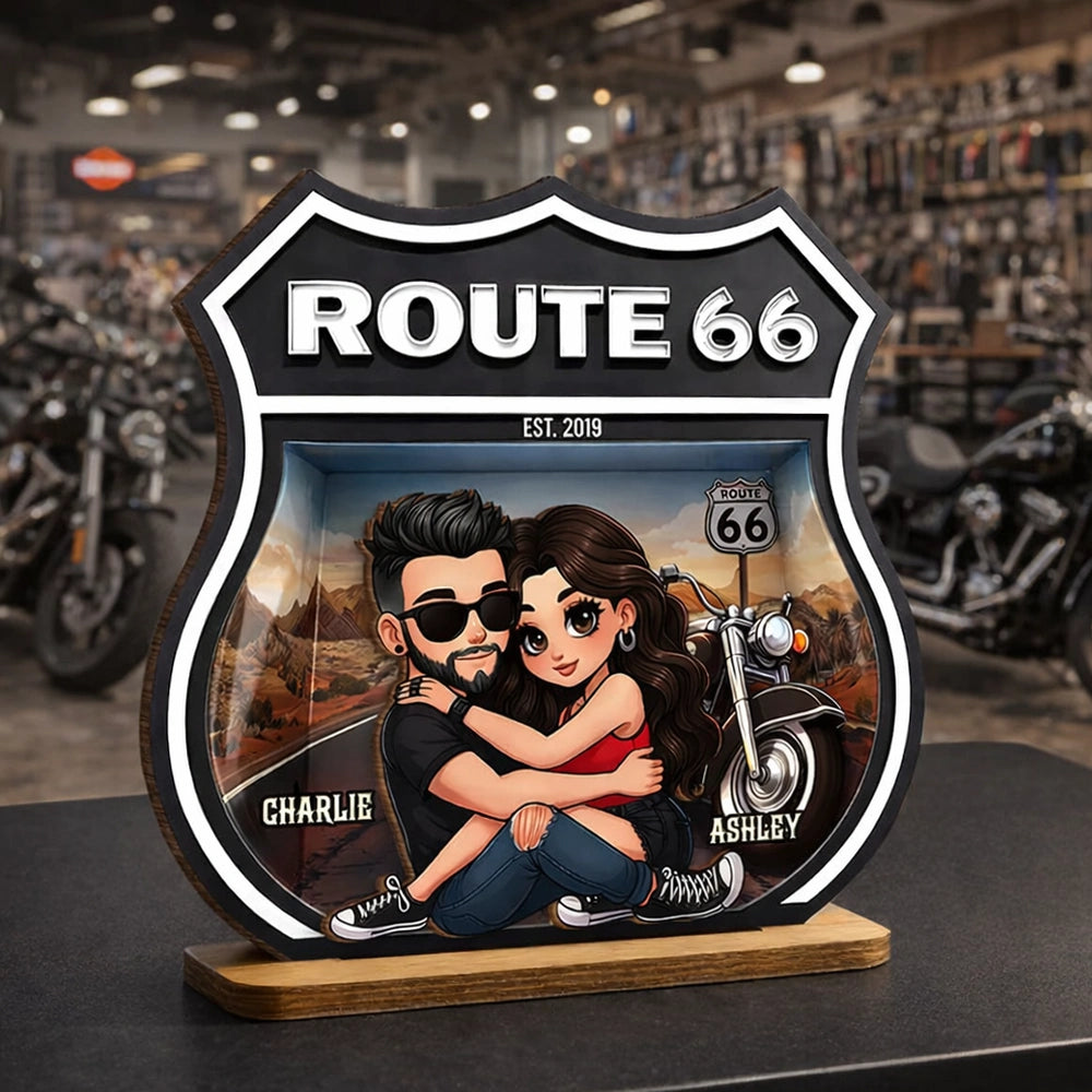 Personalized Route 66 Biker Couple 2-Layer Wooden Plaque for Motorcycle Lovers, Unique Romantic Gift for Couple