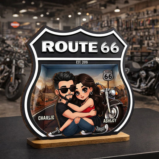 Personalized Route 66 Biker Couple 2-Layer Wooden Plaque for Motorcycle Lovers, Unique Romantic Gift for Couple