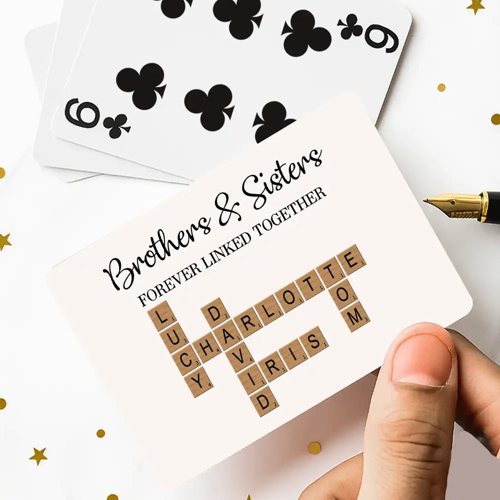 “Brothers & Sisters Crossword Playing Cards – Forever Linked Together, Custom Plastic Deck for Sibling Gifts”
