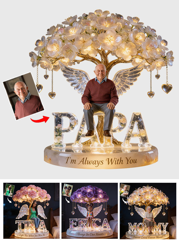 Custom Always In Our Hearts Angel Wings Figurine, Personalized Golden Retriever Memorial Tree Lamp Statue, Dog Loss Sympathy Night Light