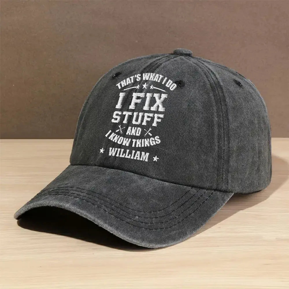 Personalized Washed Denim Baseball Cap with Funny Fix Stuff Quote, Vintage Look Everyday Hat, Unique Gift for Dad