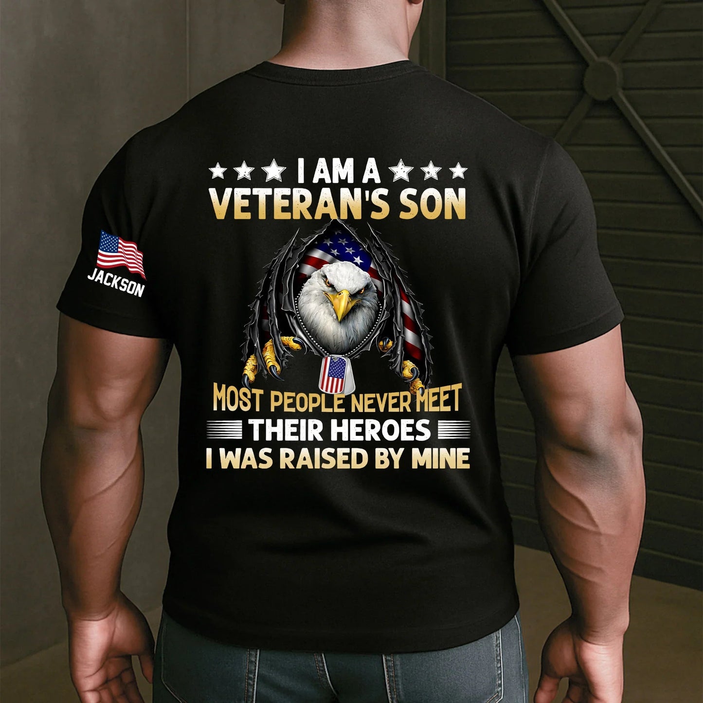 Personalized Dual Print Classic Tee I Am A Veteran's Son Eagle Flag Graphic Unique Gift for Proud Military Families