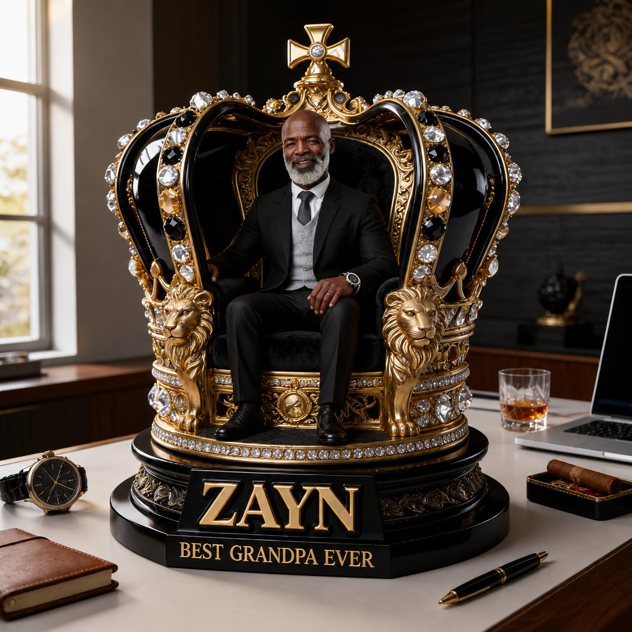 Custom King Throne Photo Figurine Statue for Black Grandpa | Personalized Best Black Grandpa Ever Crown Sculpture | Unique Father's Day Gift for Office Desk Decor