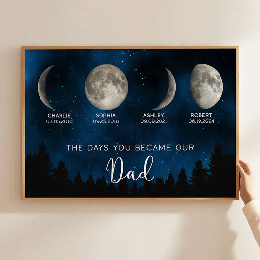 The Days You Became Our Dad Poster – Moon Phases over Forest Night Sky, Creative Personalized Gift for Dad