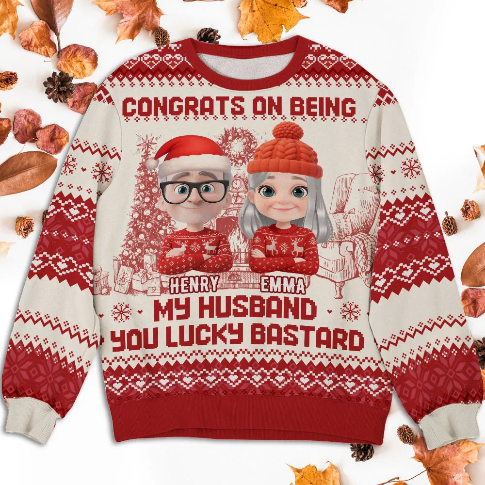 Custom Cartoon Couple Printed Sweatshirt for Husband – Playful Christmas-Inspired Design, One-of-a-Kind Romantic Gift