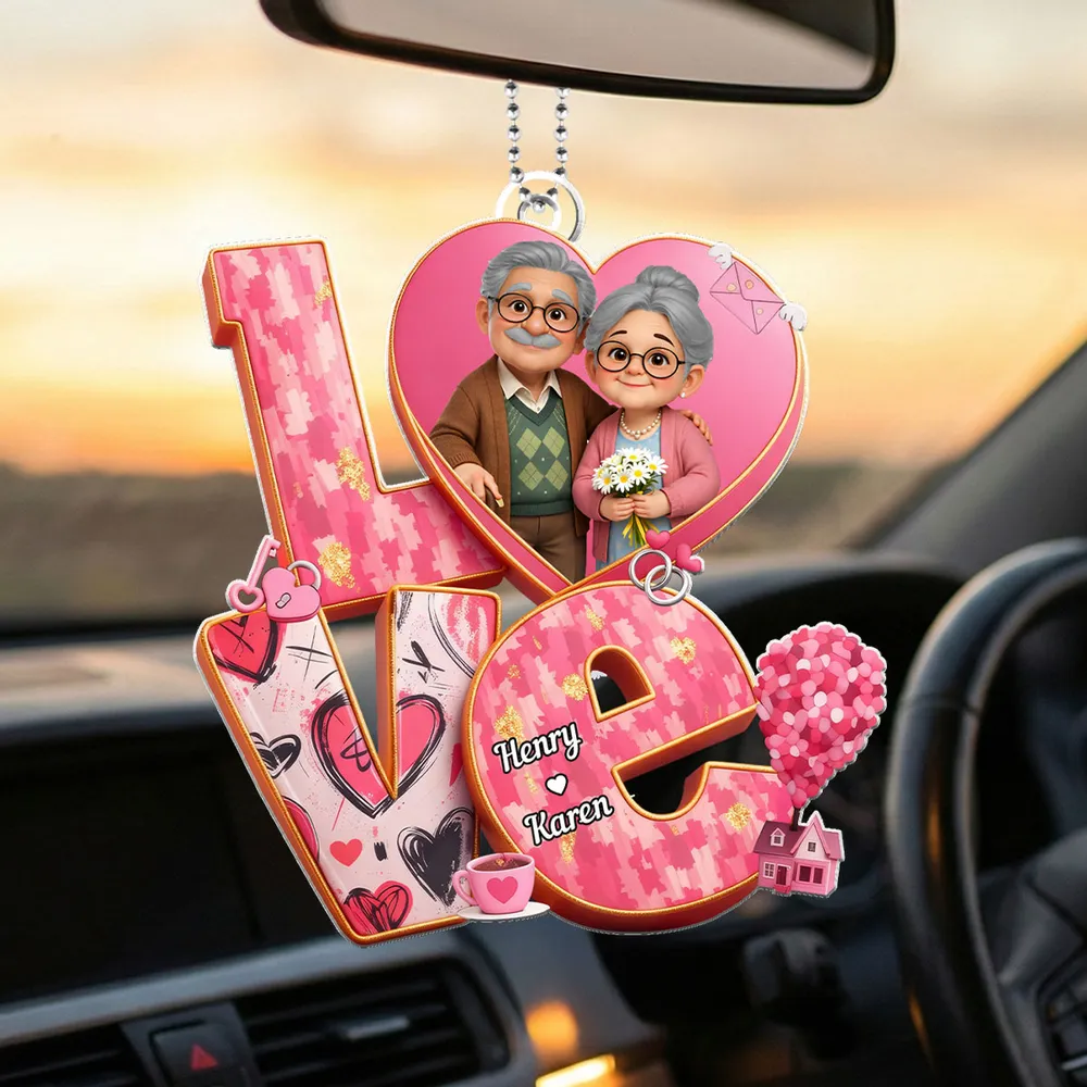 Personalized Acrylic Car Hanger, Cute Elderly Couple in Heart LOVE Design, Sweet Rearview Mirror Decor, Unique Gift for Couples
